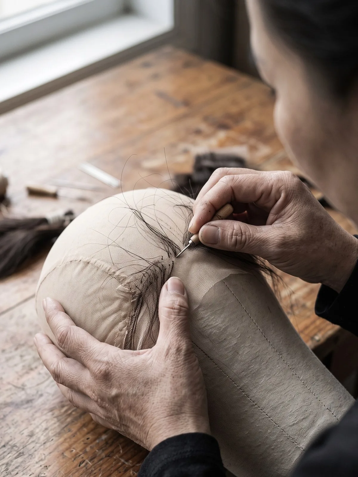 Artisan knotting hair into a wig cap at the Wigs Vietnam atelier