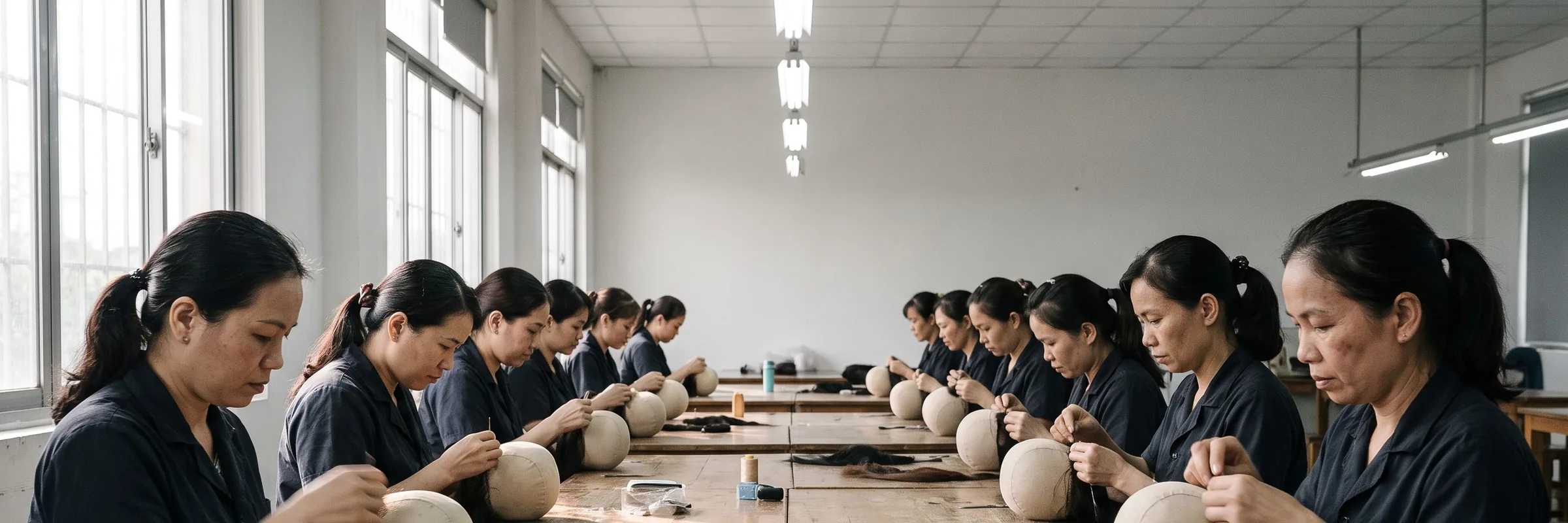 Artisans hand-making wigs at long workshop tables
